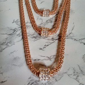 3 Tier Rose Gold Tone Popcorn Chain Each with crystal encrusted rondelle barrel